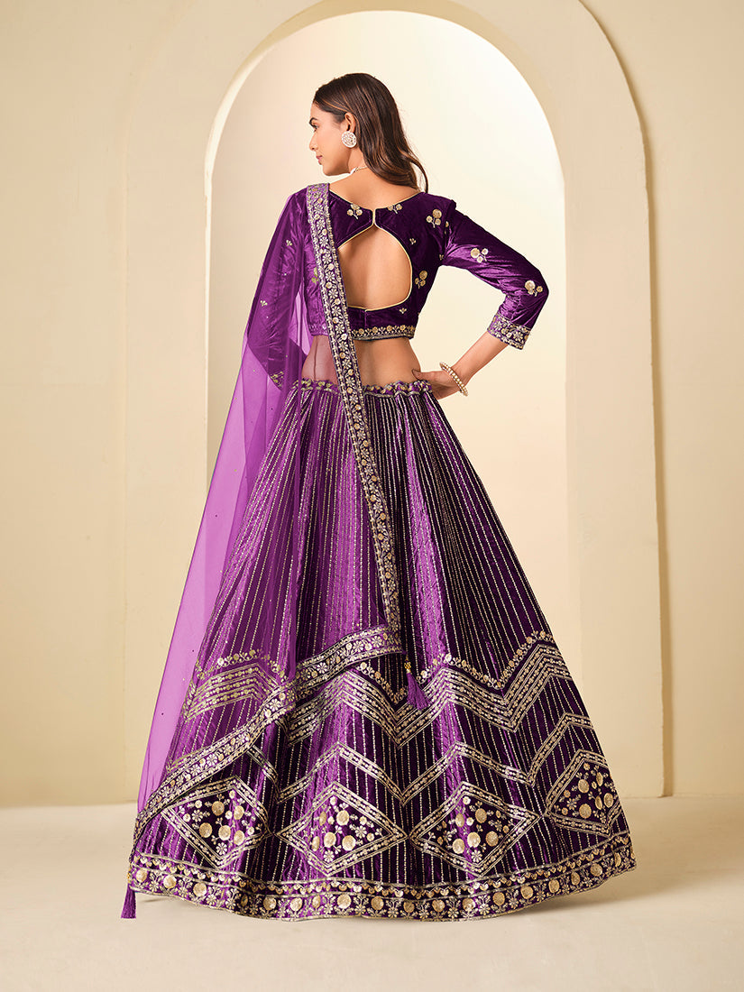 Purple Velvet A Line Lehenga Choli with Embroidered Sequins