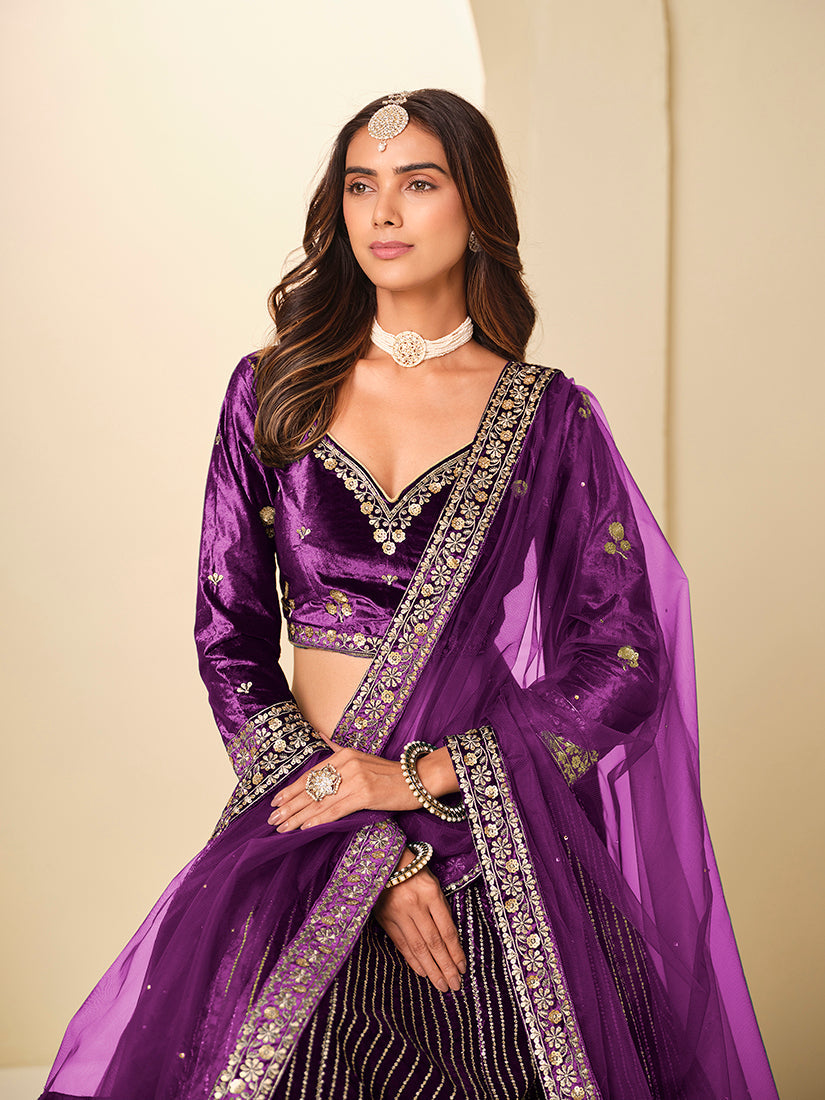 Purple Velvet A Line Lehenga Choli with Embroidered Sequins