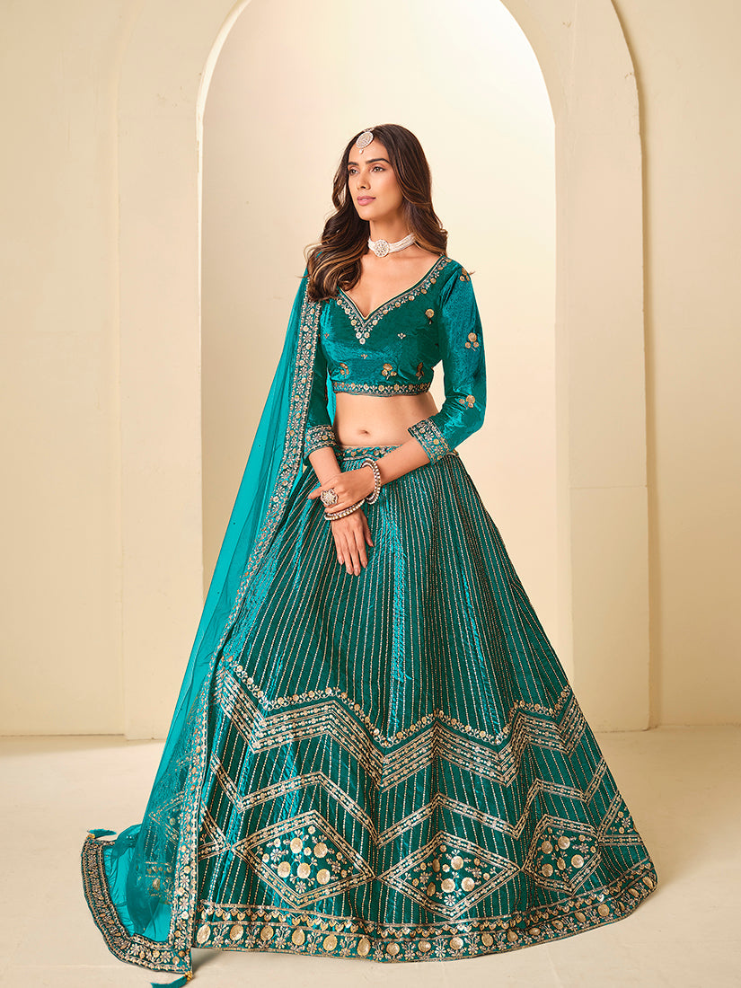 Teal Velvet A-Line Lehenga Choli with Sequins Work