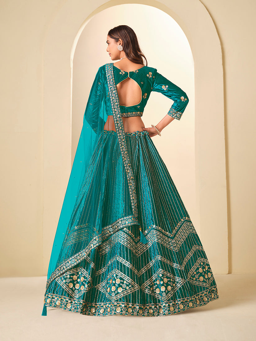 Teal Velvet A-Line Lehenga Choli with Sequins Work