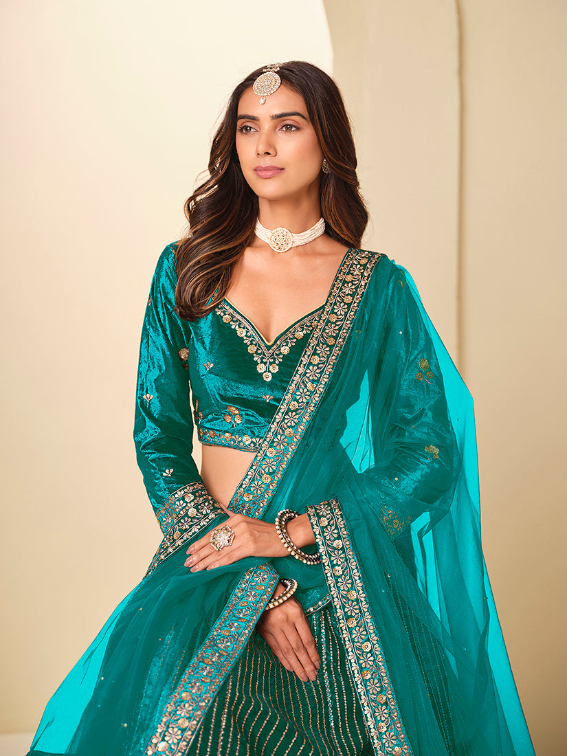 Teal Velvet A-Line Lehenga Choli with Sequins Work