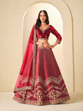 A-line maroon velvet lehenga choli with intricate sequins and embroidery work