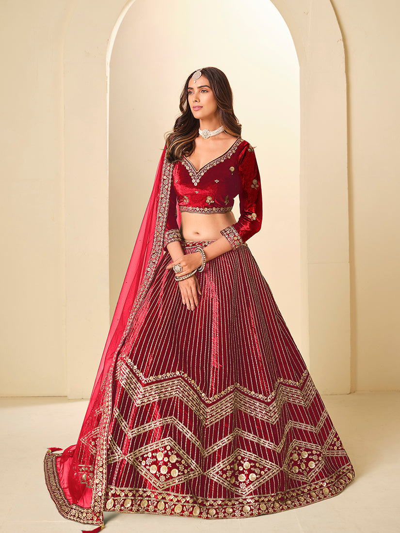 Maroon Velvet A-Line Lehenga Choli with Embroidered Sequins