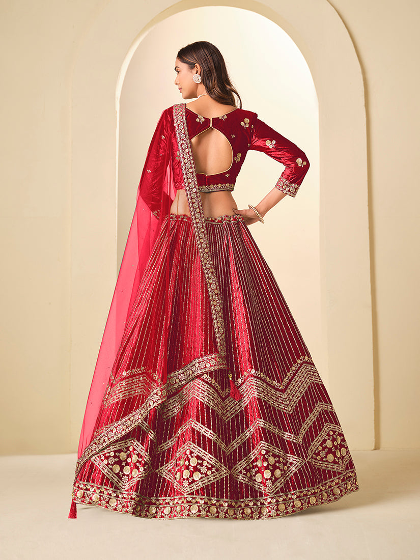 Maroon Velvet A-Line Lehenga Choli with Embroidered Sequins