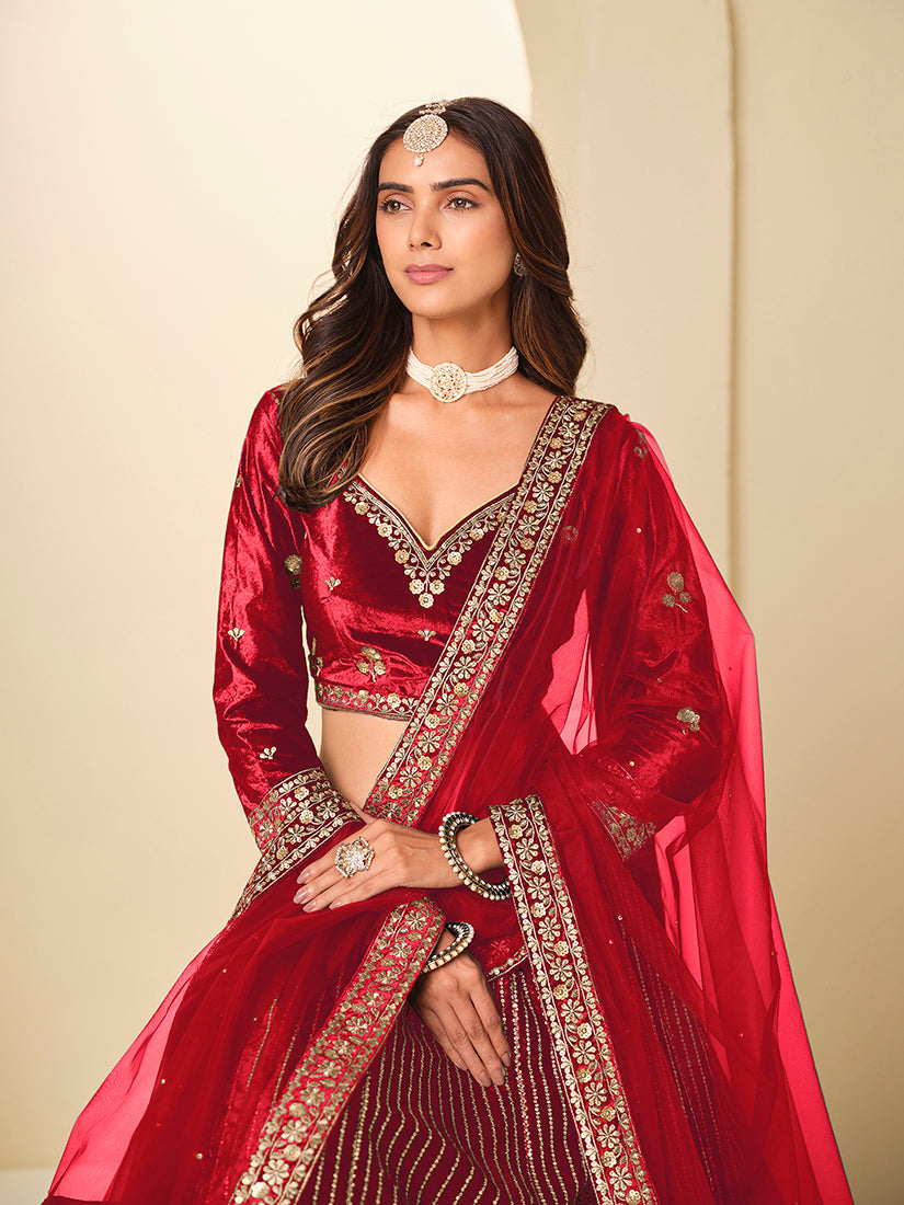 Maroon Velvet A-Line Lehenga Choli with Embroidered Sequins