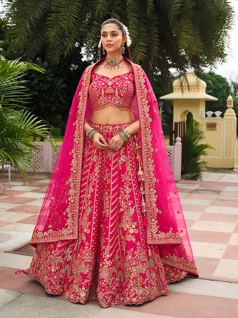 Rani pink silk blend bridal lehenga choli with detailed Khatli embroidery