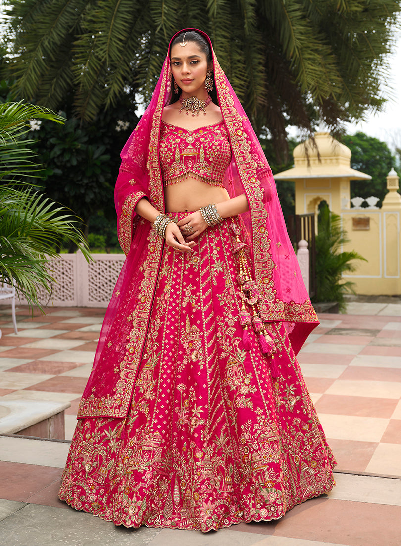 Rani Pink Khatli Embroidered Silk Blend Bridal Lehenga Choli