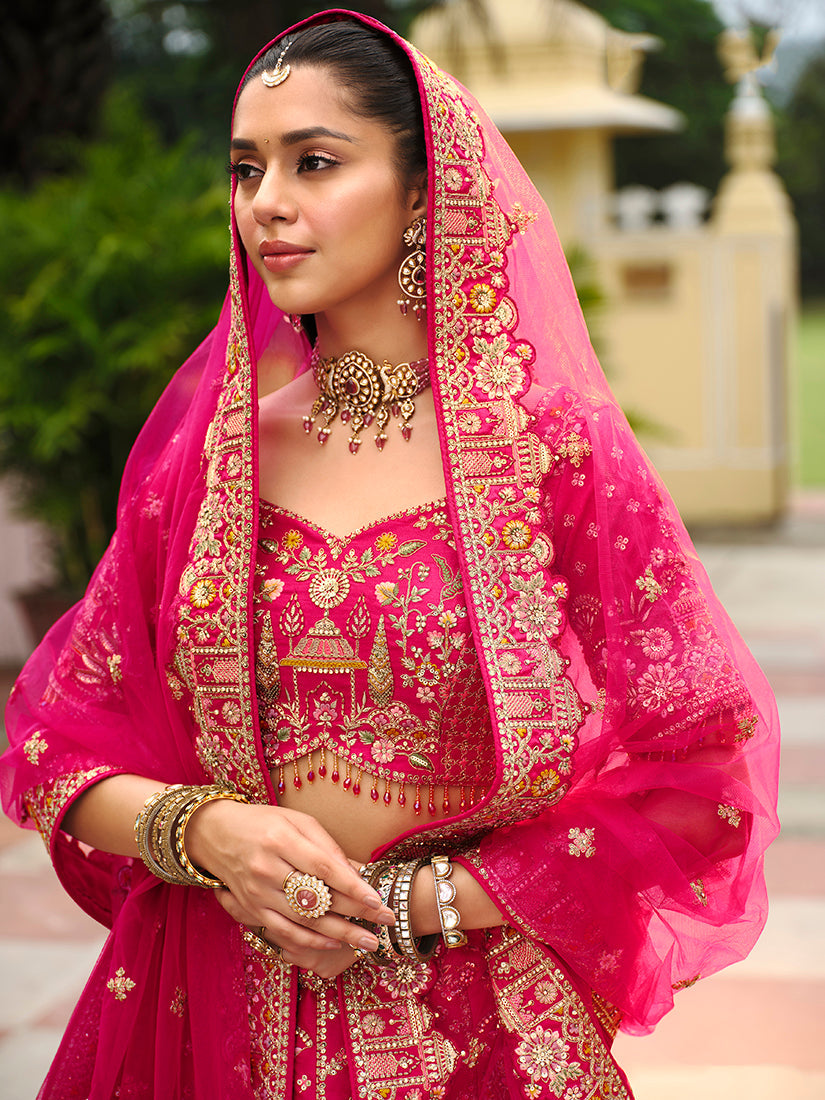 Rani Pink Khatli Embroidered Silk Blend Bridal Lehenga Choli