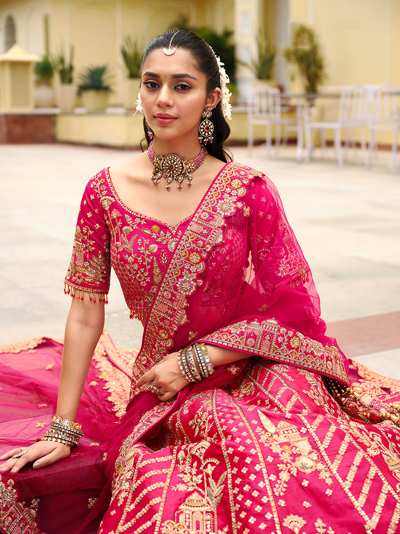 Rani Pink Khatli Embroidered Silk Blend Bridal Lehenga Choli