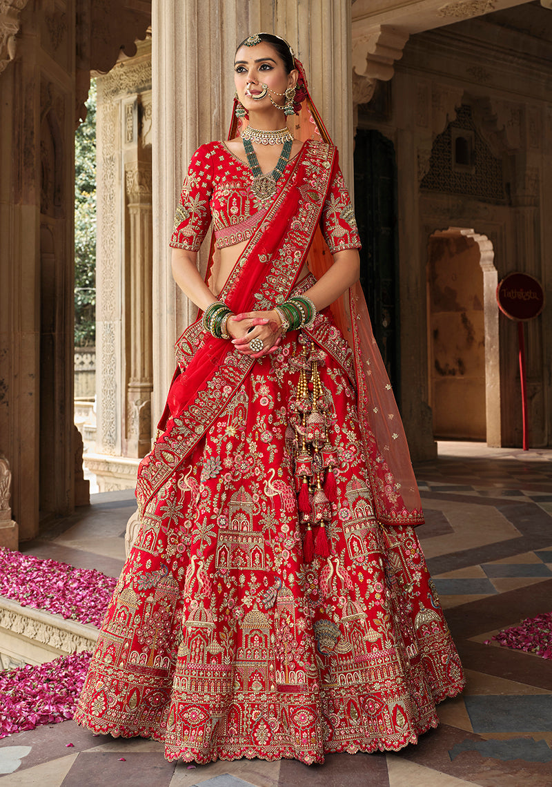 Red Khatli Embroidered Silk Blend Bridal Lehenga Choli Set
