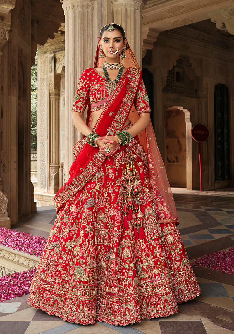 Close-up of red silk blend bridal lehenga with beautiful Khatli embroidery details