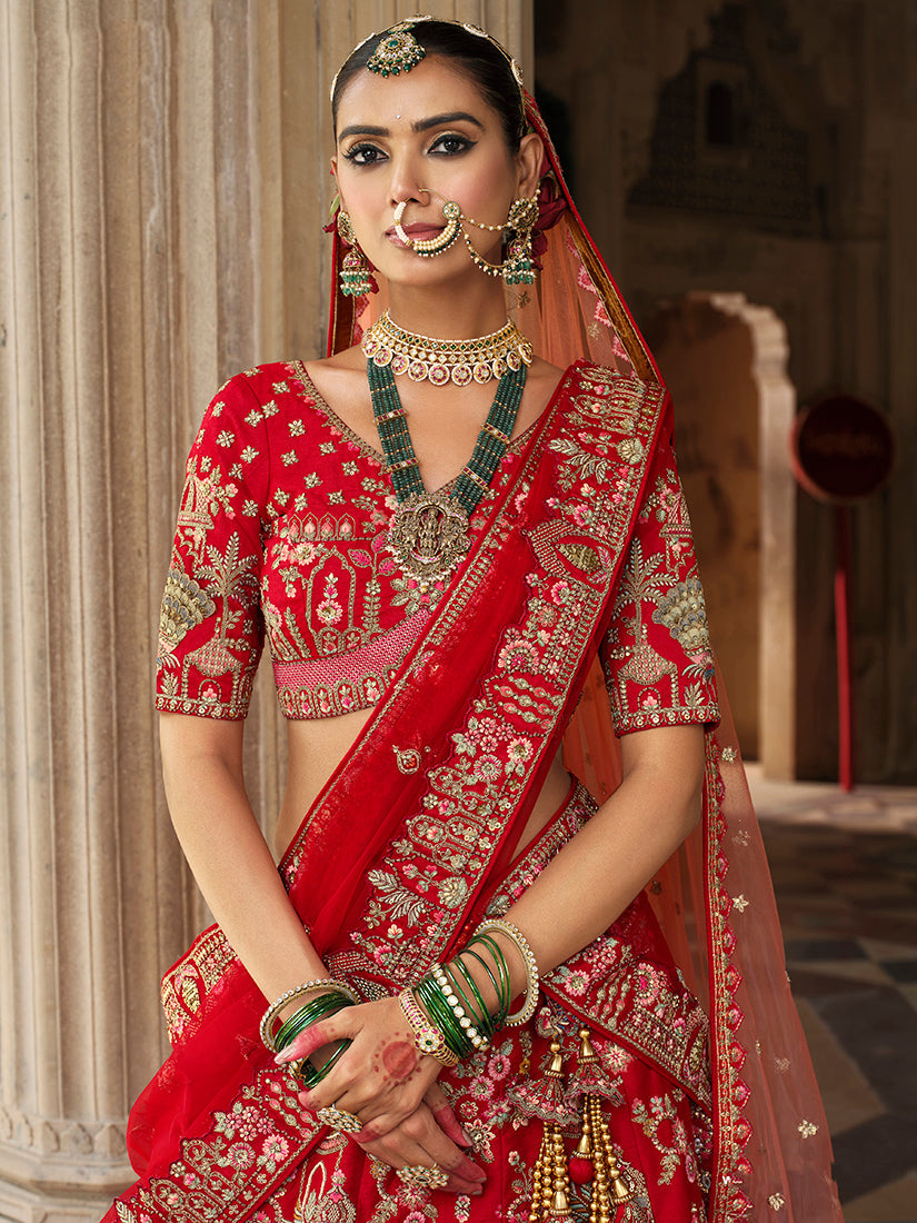 Red Khatli Embroidered Silk Blend Bridal Lehenga Choli Set