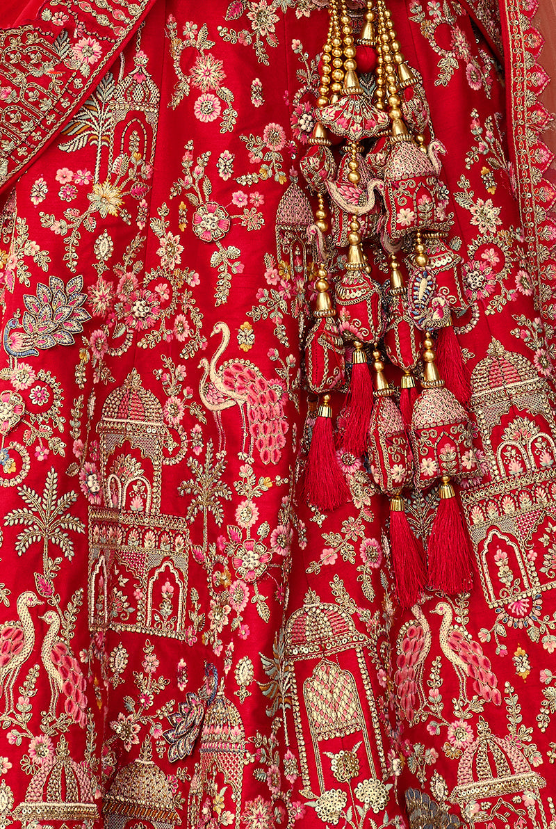 Red Khatli Embroidered Silk Blend Bridal Lehenga Choli Set