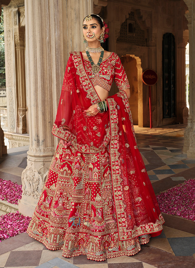 Red Khatli Embroidered Silk Blend Bridal Lehenga Choli Set