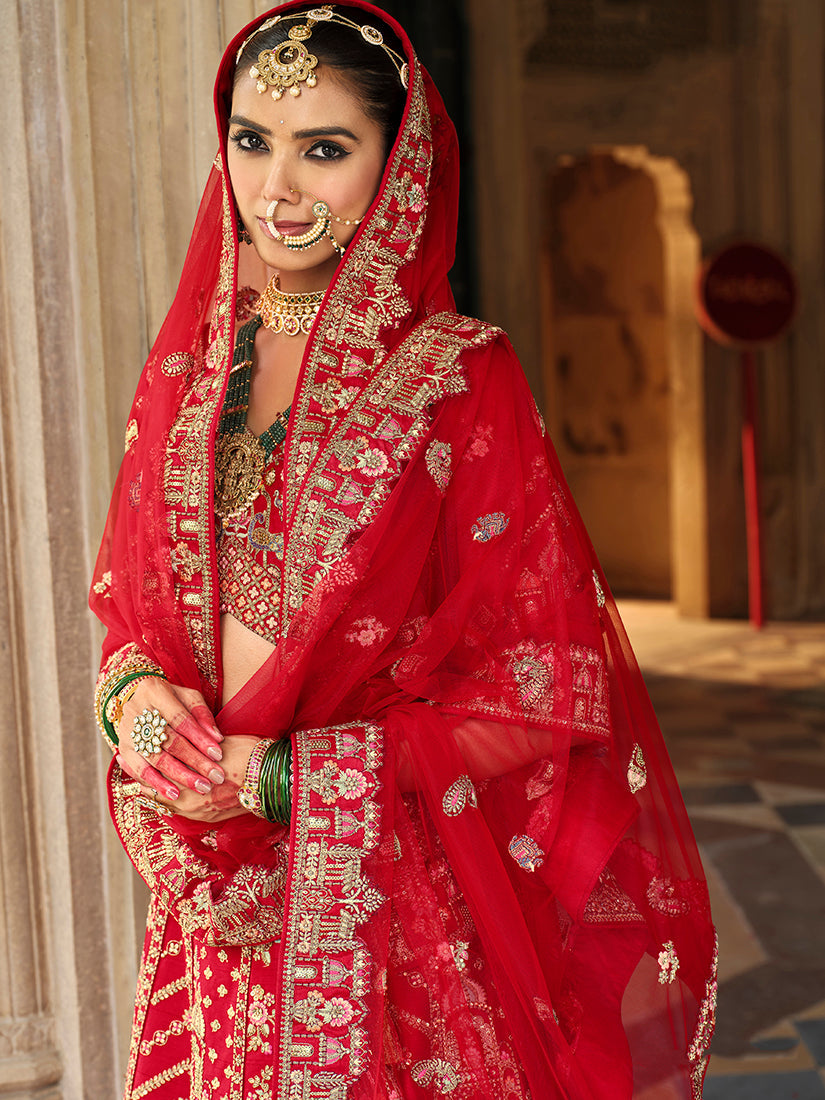 Red Khatli Embroidered Silk Blend Bridal Lehenga Choli Set