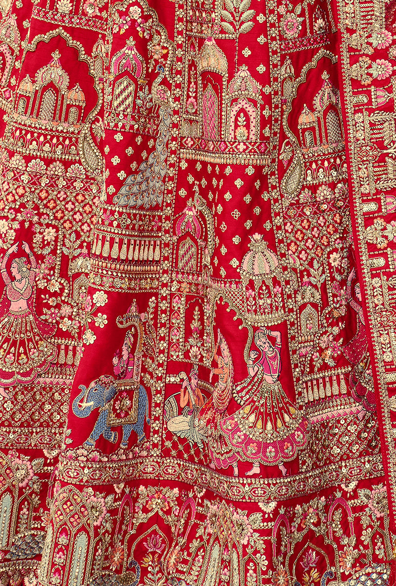 Red Khatli Embroidered Silk Blend Bridal Lehenga Choli Set
