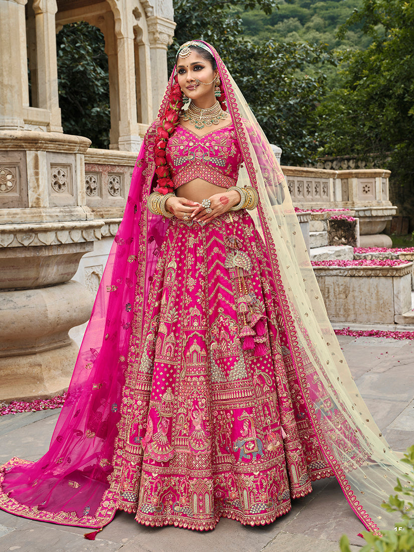 Rani Pink Silk Blend Bridal Lehenga Choli with Khatli Embroidery