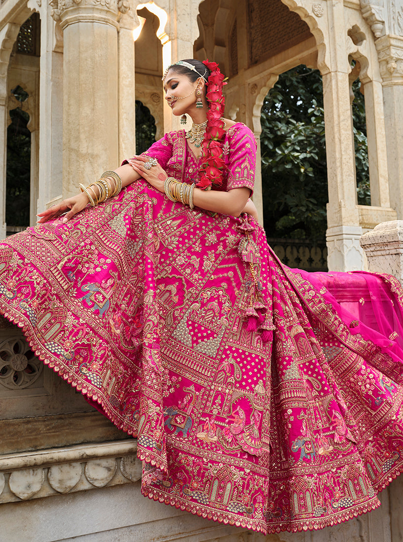 Rani Pink Silk Blend Bridal Lehenga Choli with Khatli Embroidery