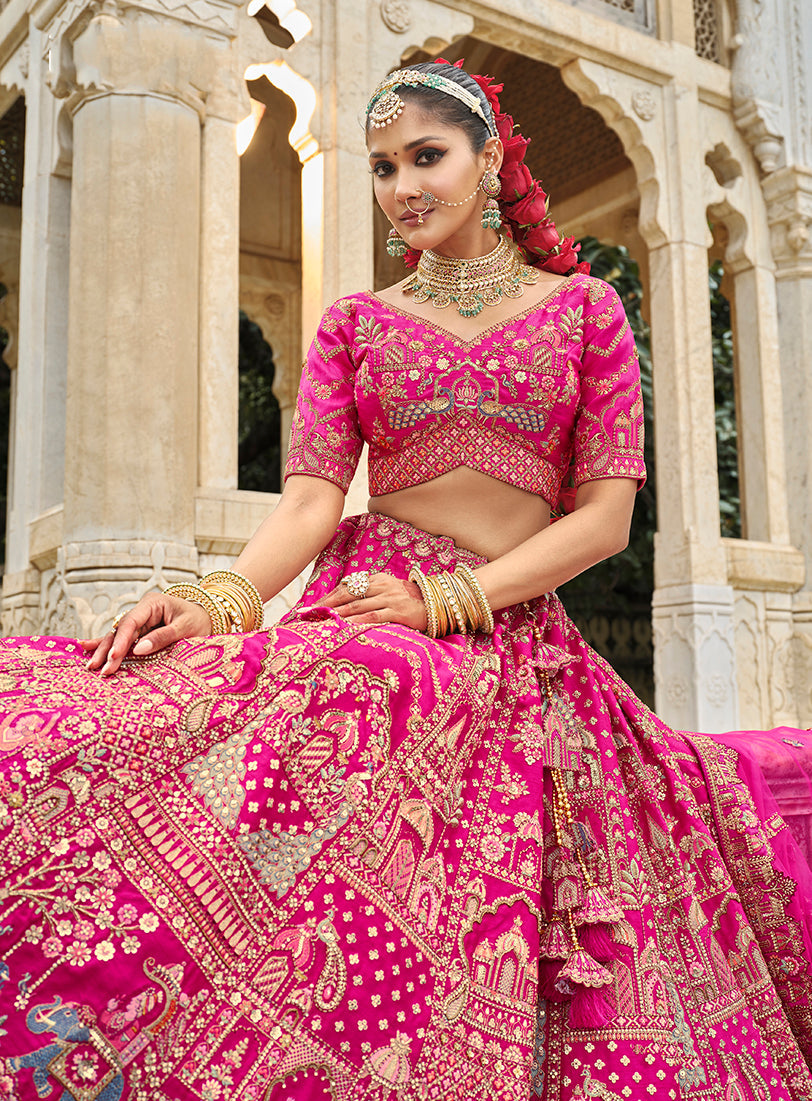 Rani Pink Silk Blend Bridal Lehenga Choli with Khatli Embroidery