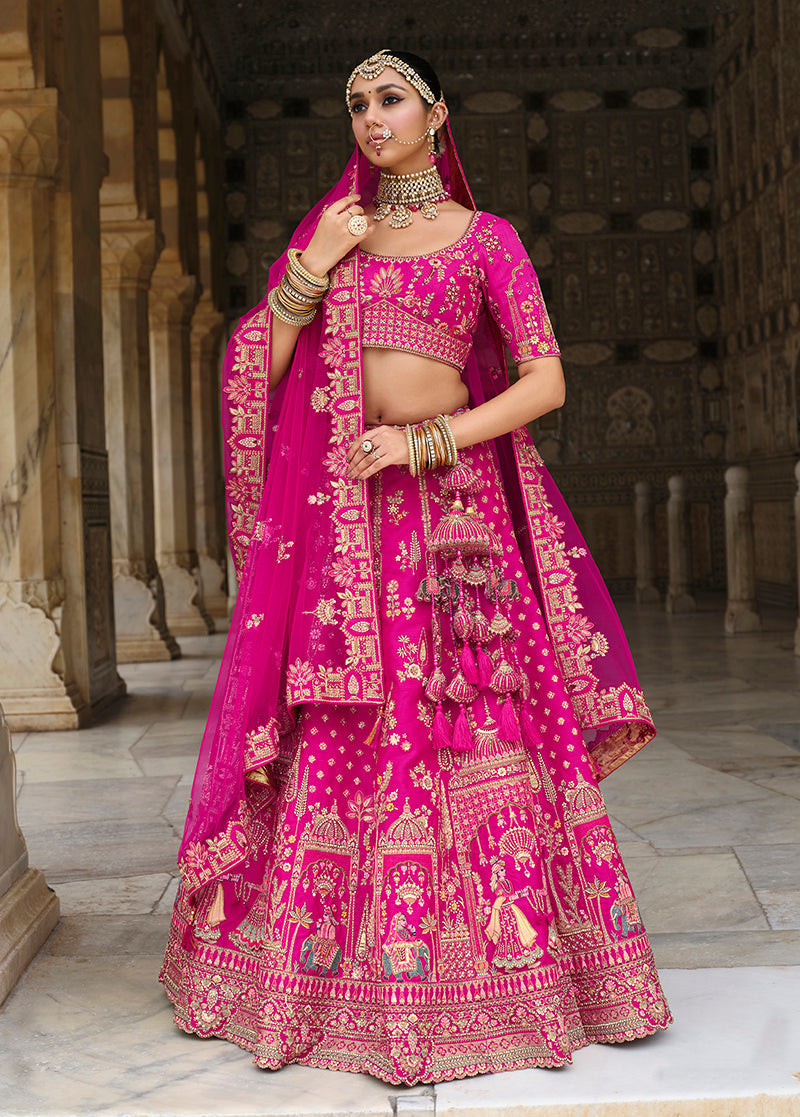 Magenta Pink bridal lehenga choli featuring delicate Khatli embroidery and silk blend texture