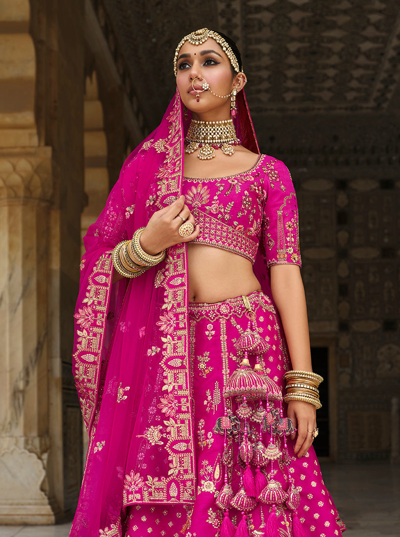 Magenta Pink Khatli Embroidered Silk Blend Bridal Lehenga Choli