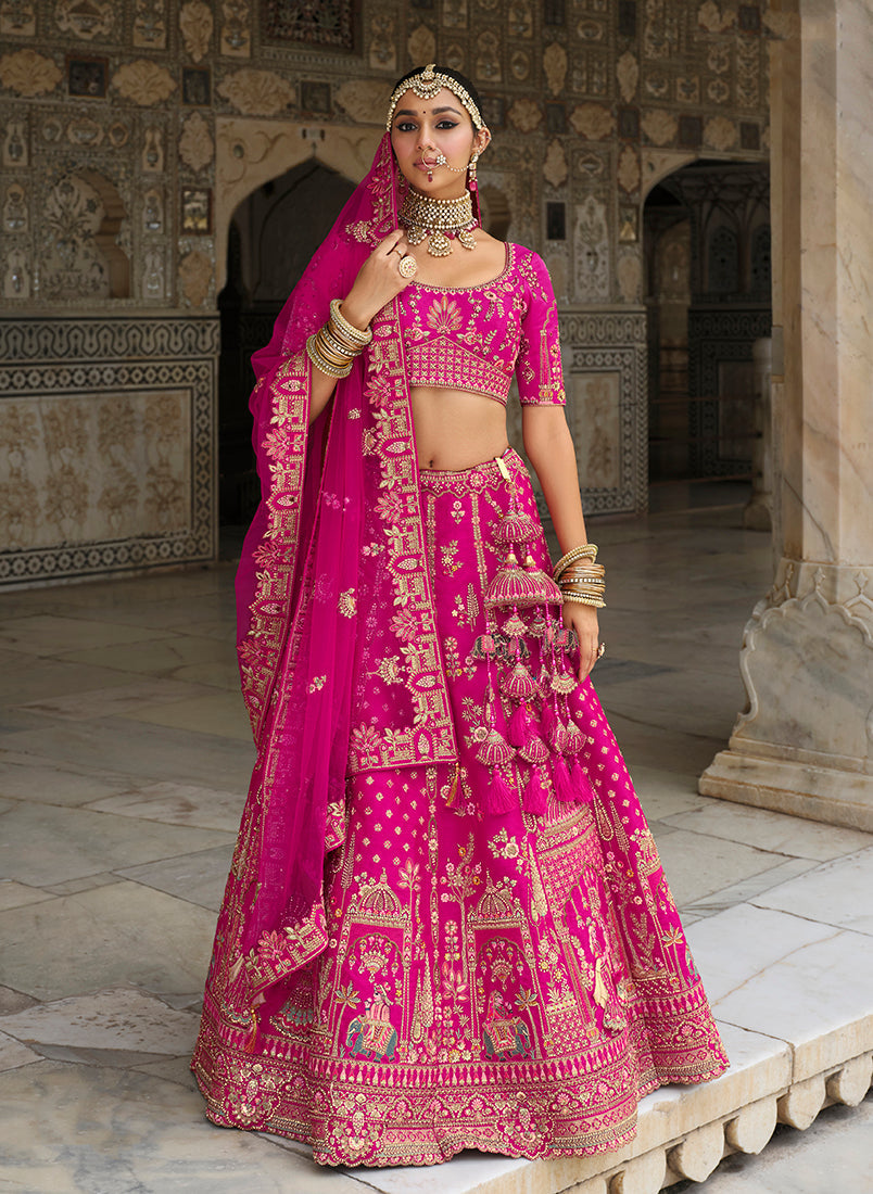 Magenta Pink Khatli Embroidered Silk Blend Bridal Lehenga Choli