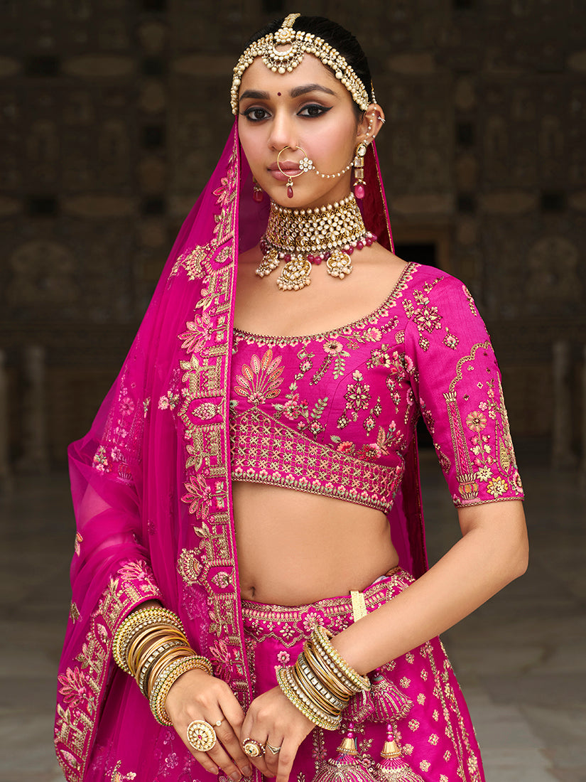 Magenta Pink Khatli Embroidered Silk Blend Bridal Lehenga Choli