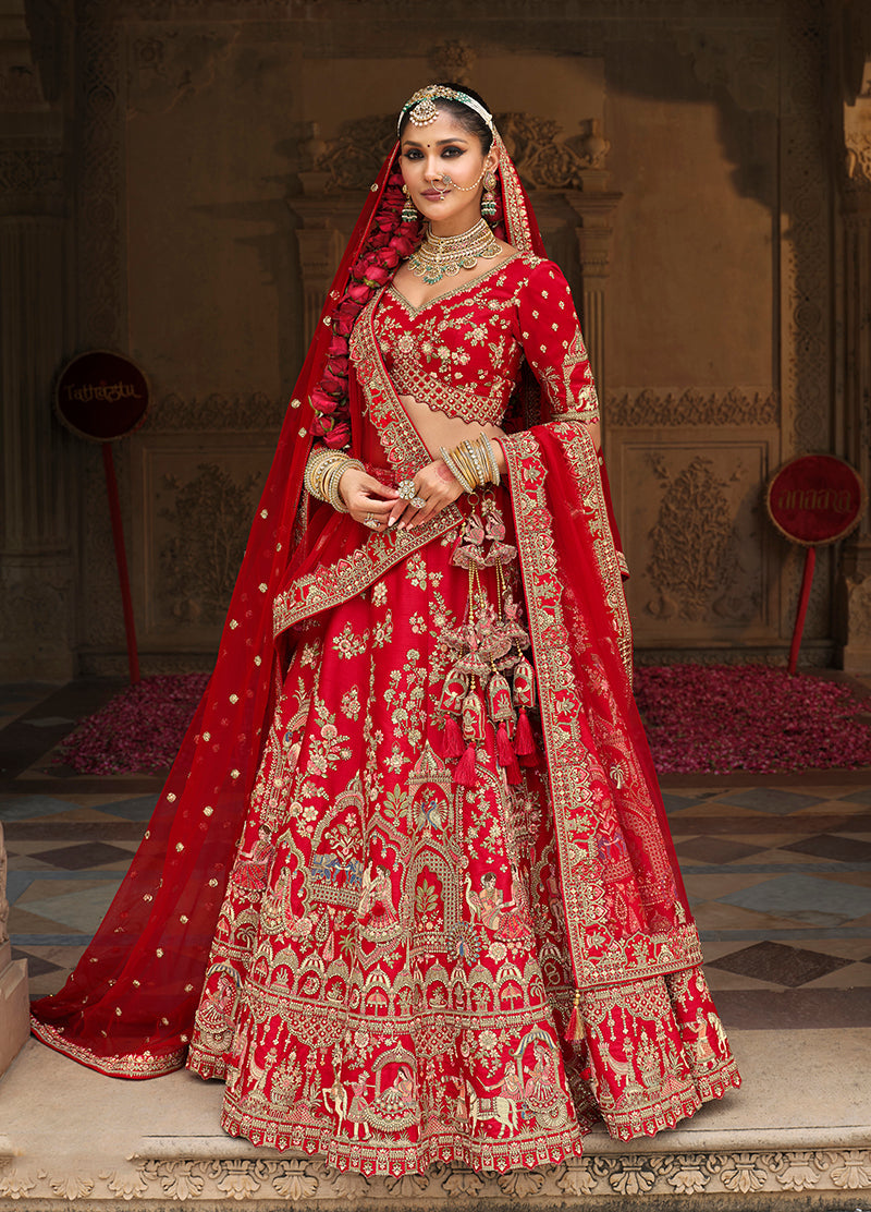 Red silk blend bridal lehenga choli featuring intricate Khatli embroidery