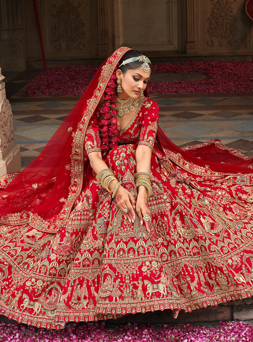 Red Khatli Embroidered Silk Blend Bridal Lehenga Choli