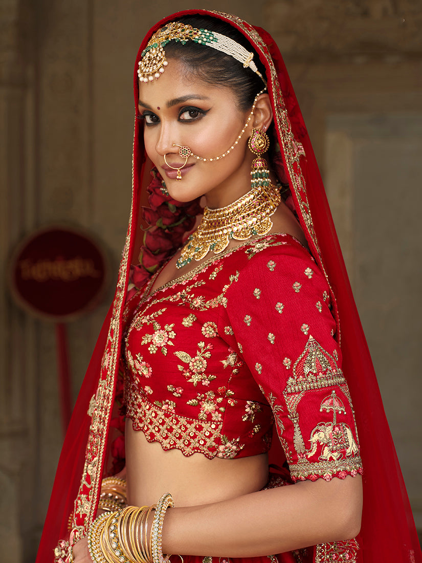 Red Khatli Embroidered Silk Blend Bridal Lehenga Choli