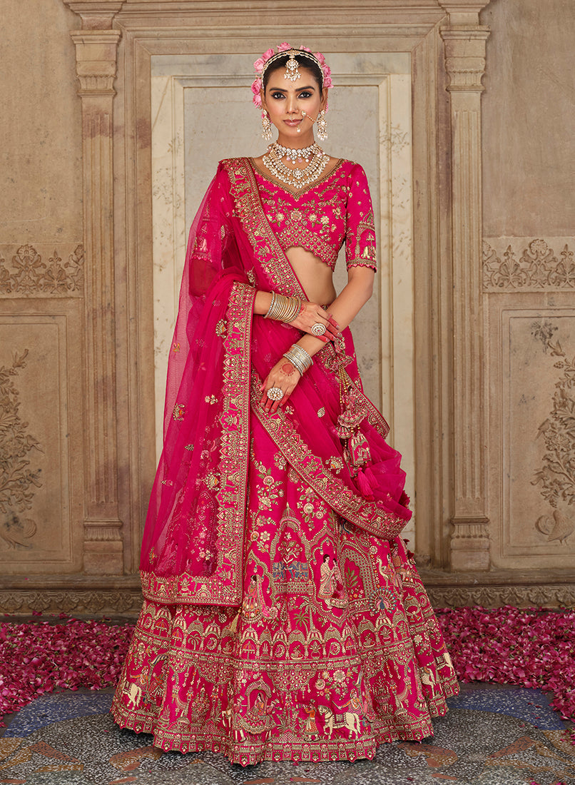 Rani Pink bridal lehenga choli with ornate Khatli embroidery and silk blend fabric
