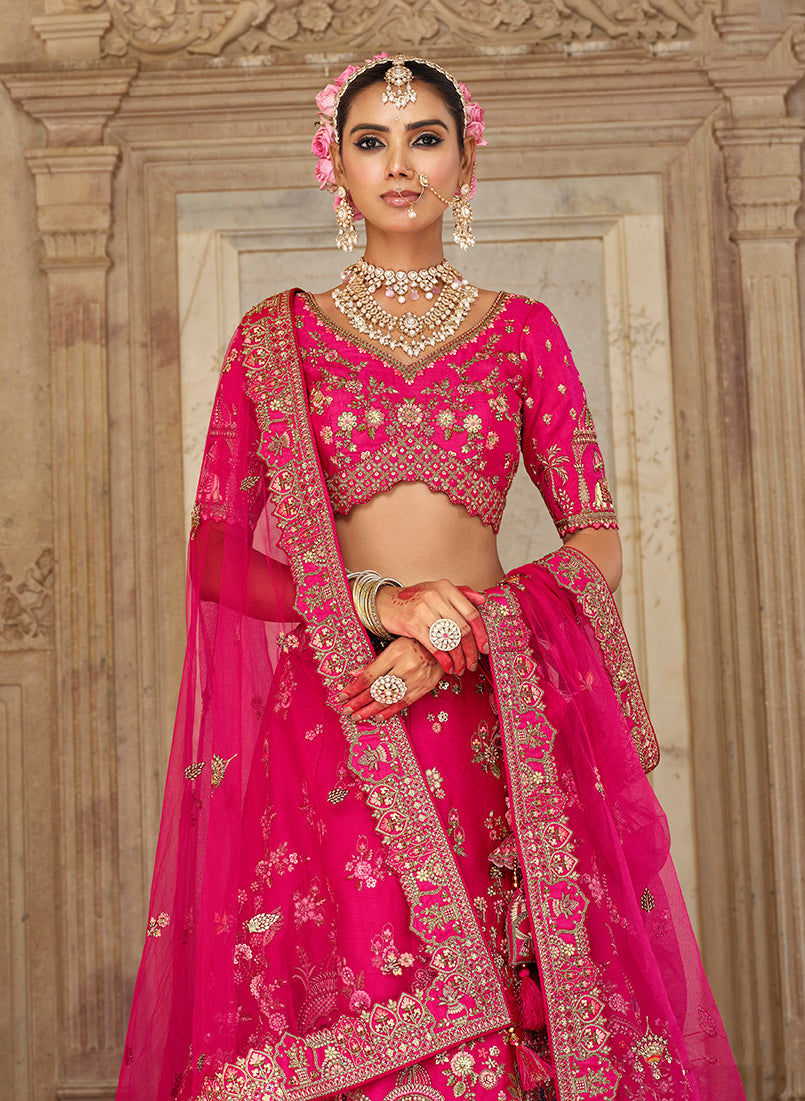 Rani Pink Khatli Embroidered Silk Blend Bridal Lehenga Choli