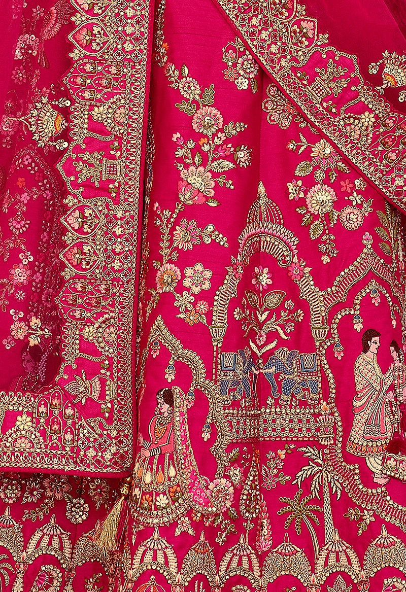 Rani Pink Khatli Embroidered Silk Blend Bridal Lehenga Choli