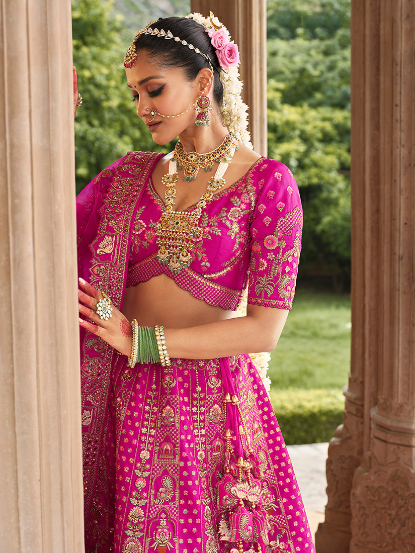 Magenta Pink Khatli Embroidered Silk Blend Bridal Lehenga