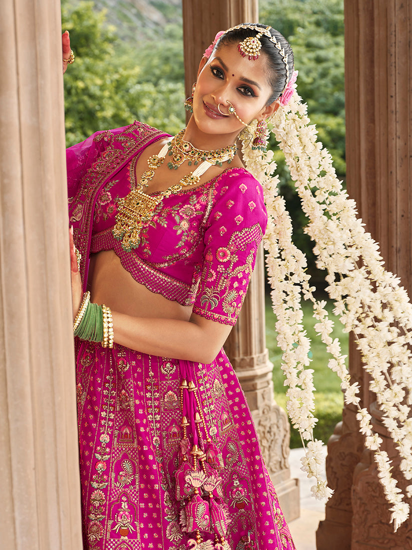 Magenta Pink Khatli Embroidered Silk Blend Bridal Lehenga