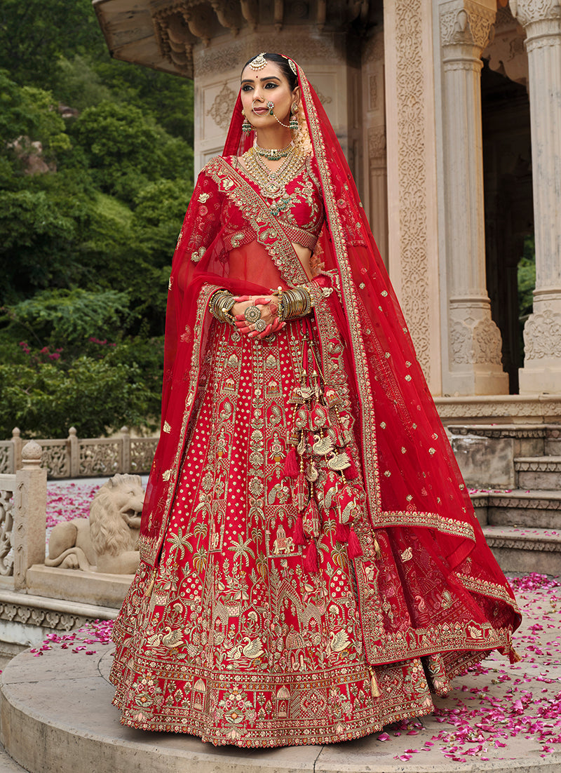 Red Khatli Embroidered Silk Blend Bridal Lehenga Choli Set