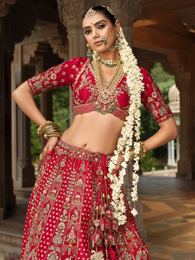 Red Khatli Embroidered Silk Blend Bridal Lehenga Choli Set