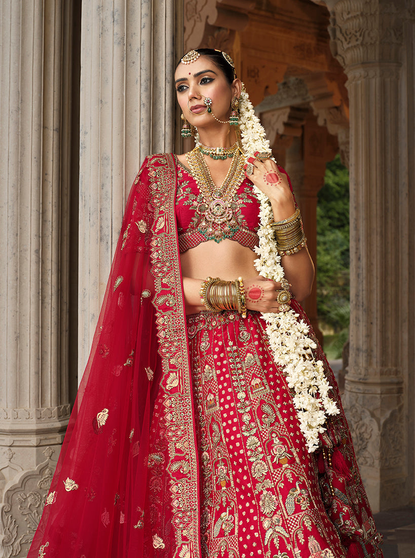 Red Khatli Embroidered Silk Blend Bridal Lehenga Choli Set