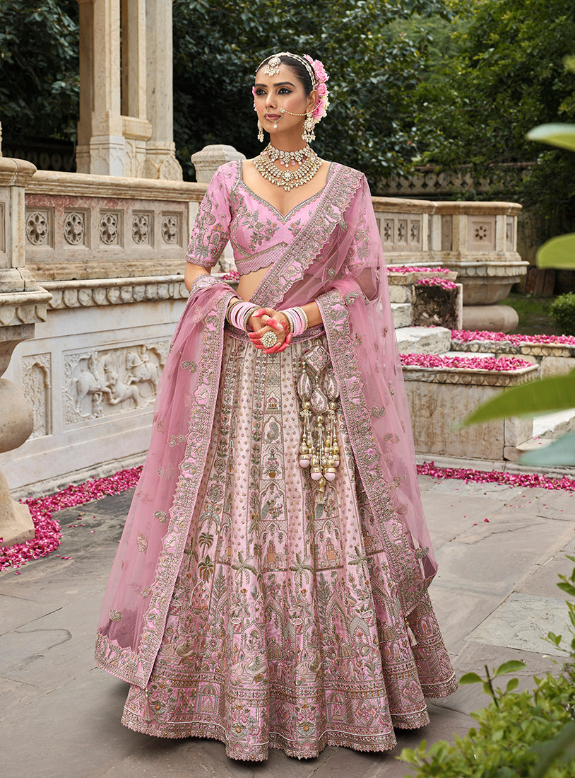 Light pink bridal lehenga choli with intricate Khatli embroidery