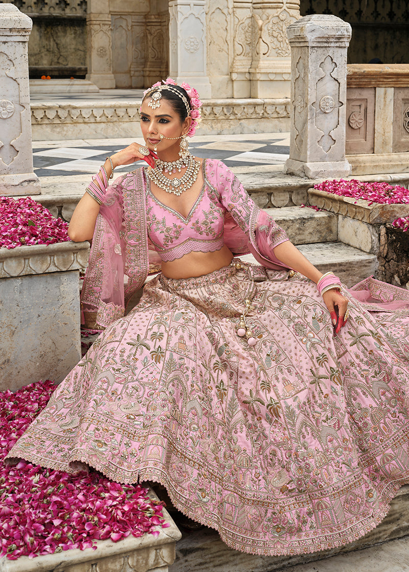Light Pink Khatli Embroidered Silk Blend Bridal Lehenga Choli