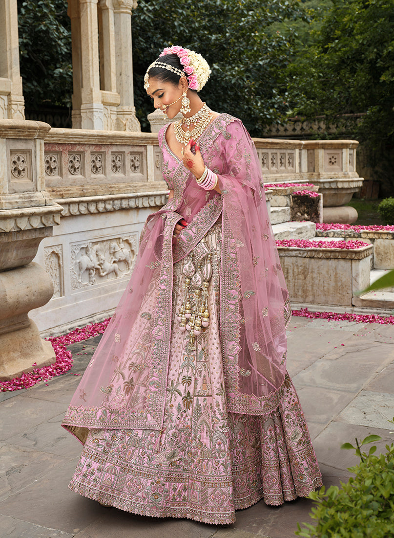 Light Pink Khatli Embroidered Silk Blend Bridal Lehenga Choli
