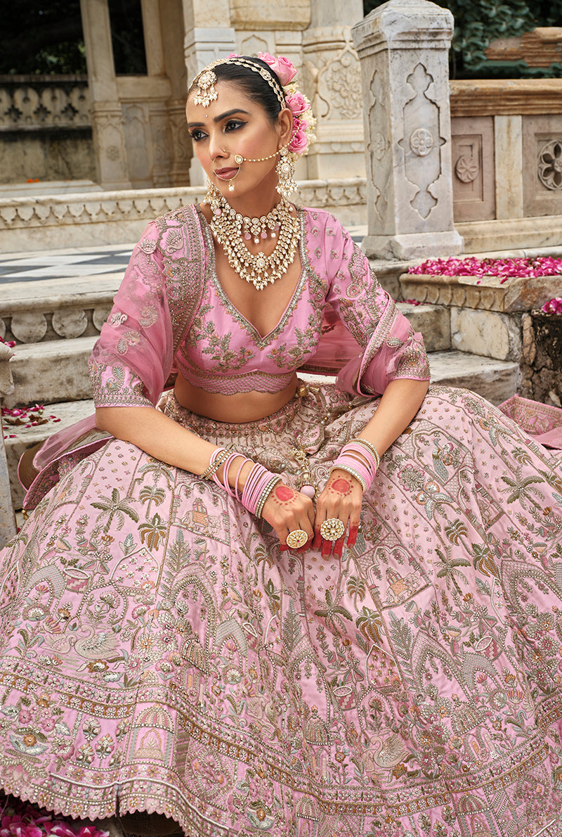 Light Pink Khatli Embroidered Silk Blend Bridal Lehenga Choli