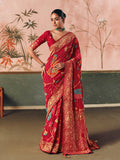 Traditional red Bandhej faux khadi georgette saree with weaving work