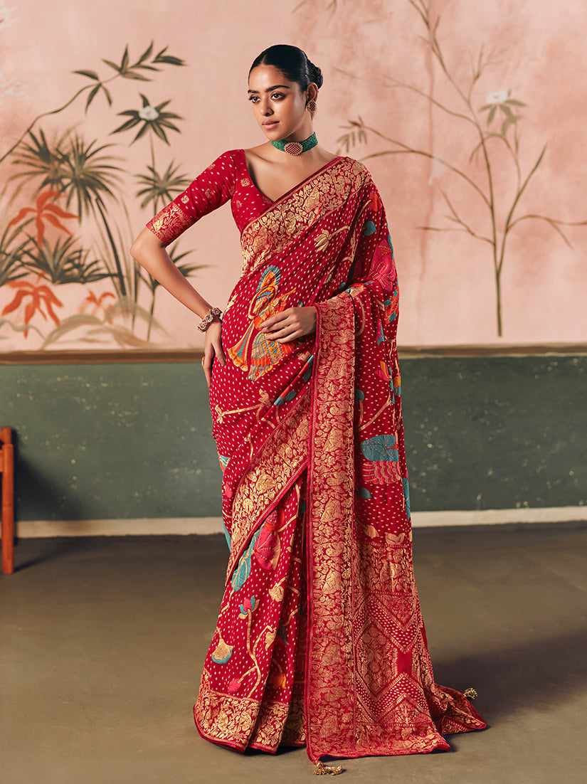 Traditional red Bandhej faux khadi georgette saree with weaving work