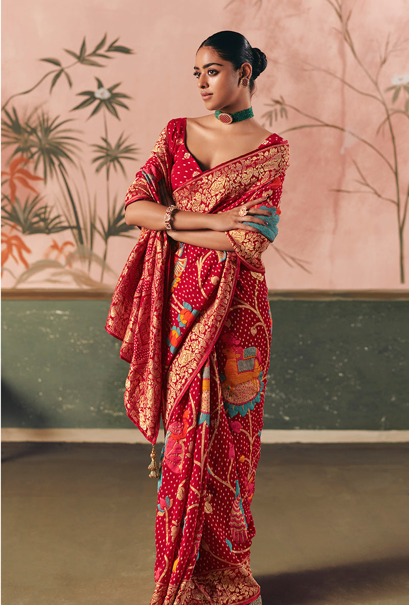 Red Bandhej Faux Khadi Georgette Saree with Weaving Work
