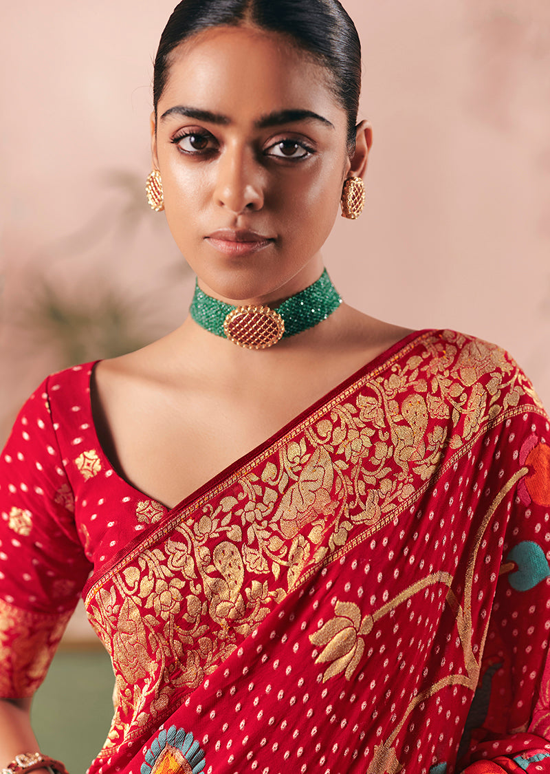 Red Bandhej Faux Khadi Georgette Saree with Weaving Work