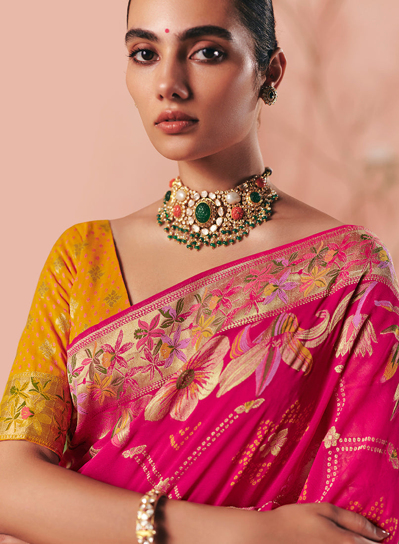Rani Pink Bandhej Weaving Work Faux Khadi Georgette Saree