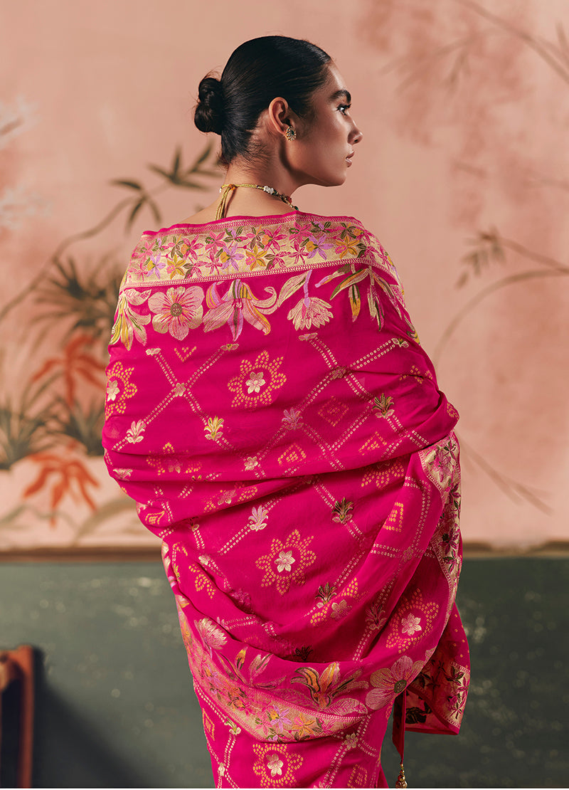 Rani Pink Bandhej Weaving Work Faux Khadi Georgette Saree