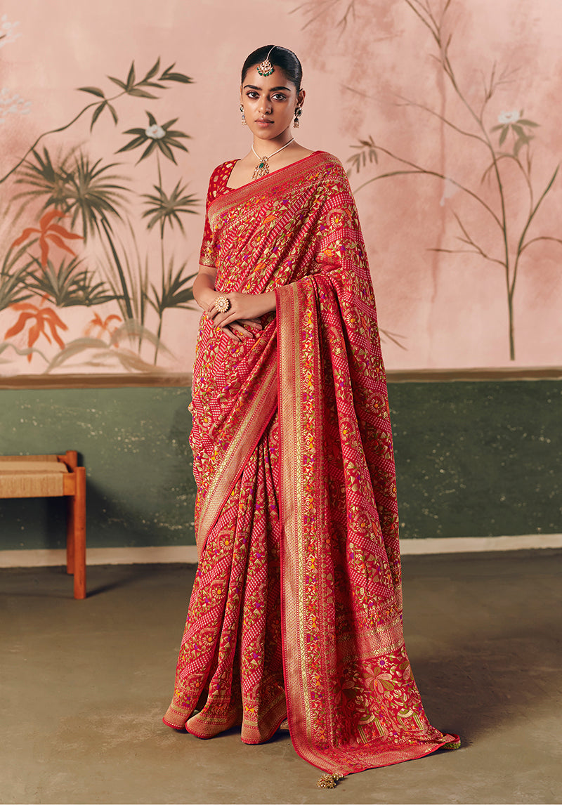 Red Bandhej saree with intricate weaving work on faux khadi georgette fabric