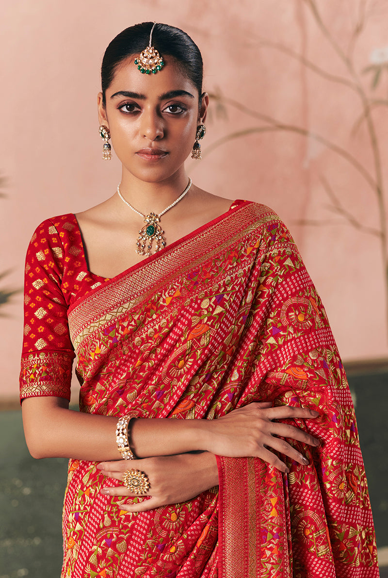Red Bandhej Weaving Work Faux Khadi Georgette Saree